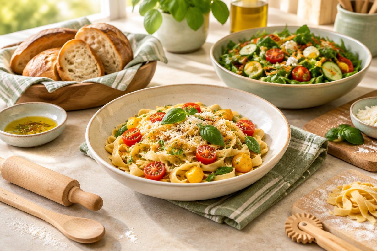 Fresh pasta, salad, and bread prepared for a cooking session