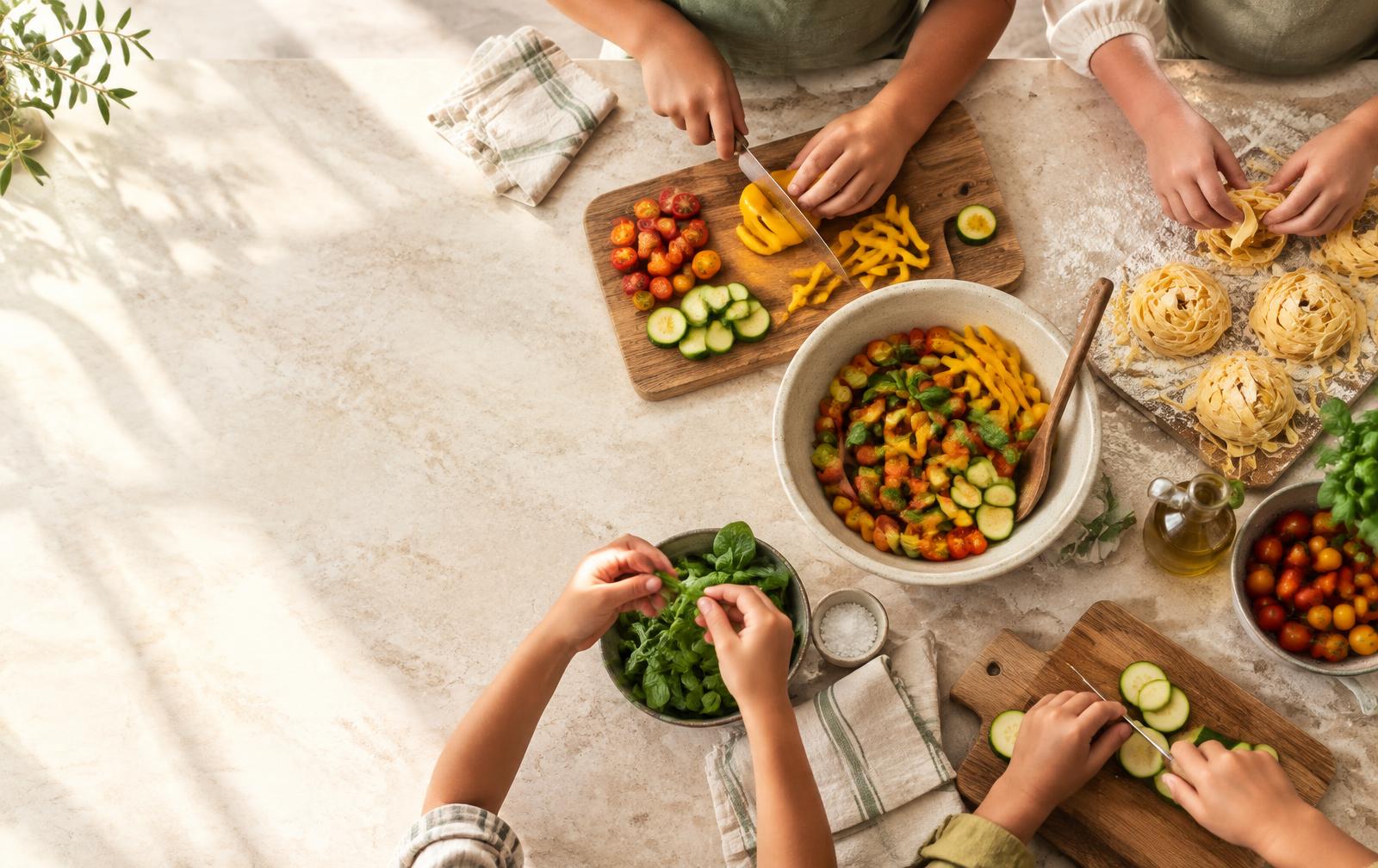 Children preparing fresh vegetables and pasta together